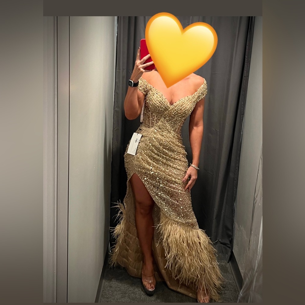 Portia and Scarlett Gold Formal Feathers Gown Dress